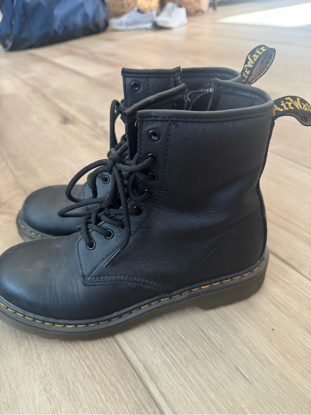 Dr. Martens Black Leather Lace-Up Ankle Boots with Yellow Stitching